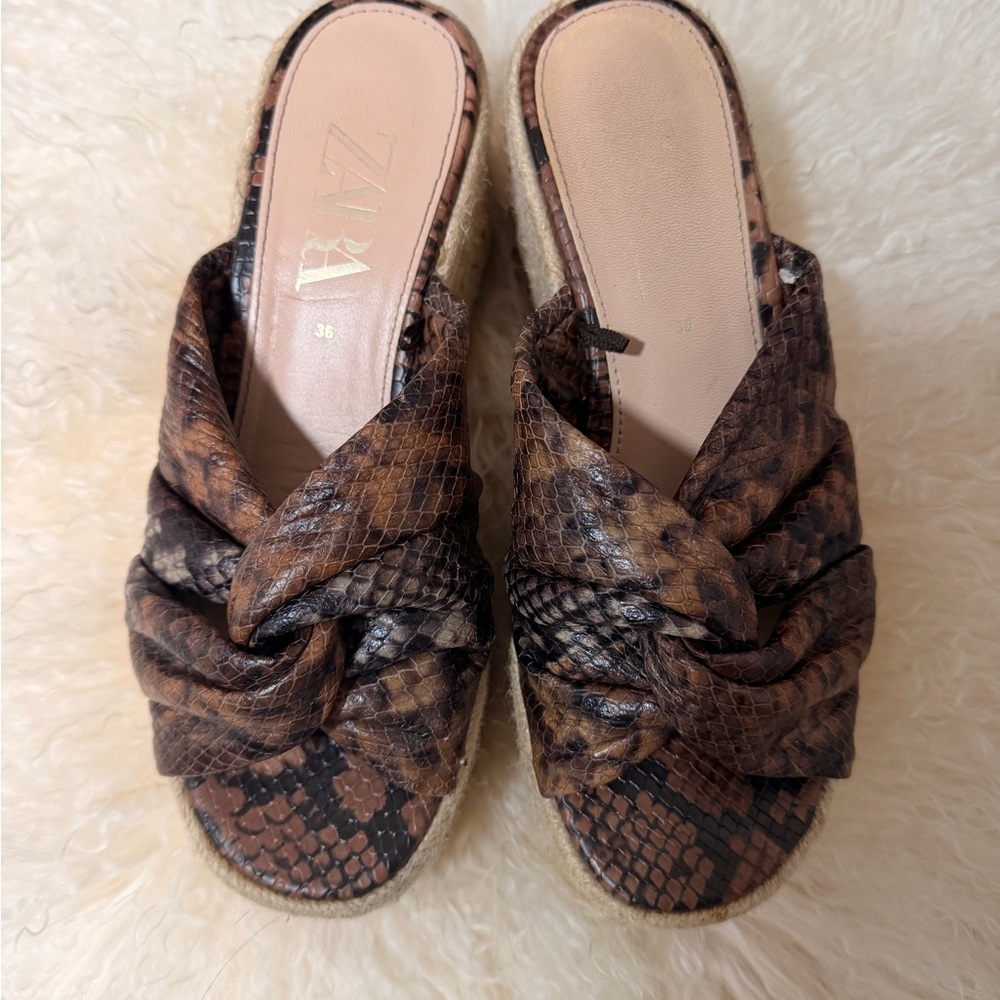 Zara Brown & Black Snakeskin Knot Espadrille Mules